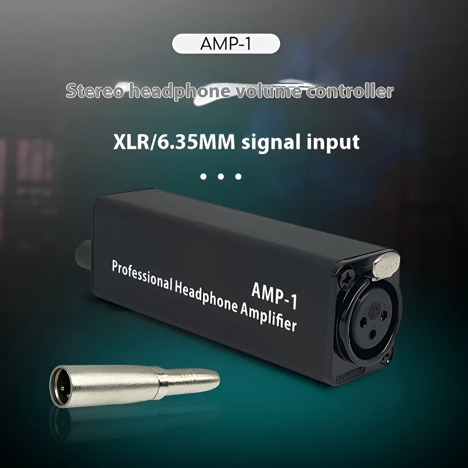 Headphone volume adjustment converter with XLR interface, compact size 9.6×2.6×3.15cm, model AMP1