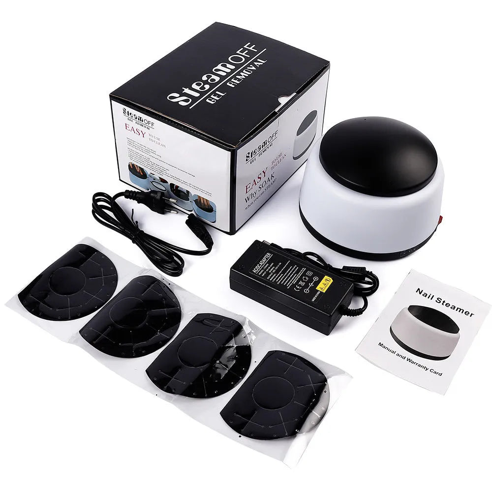 White electric steam nail polish remover machine on a flat surface measuring 16.5 x 16.5 x 11cm