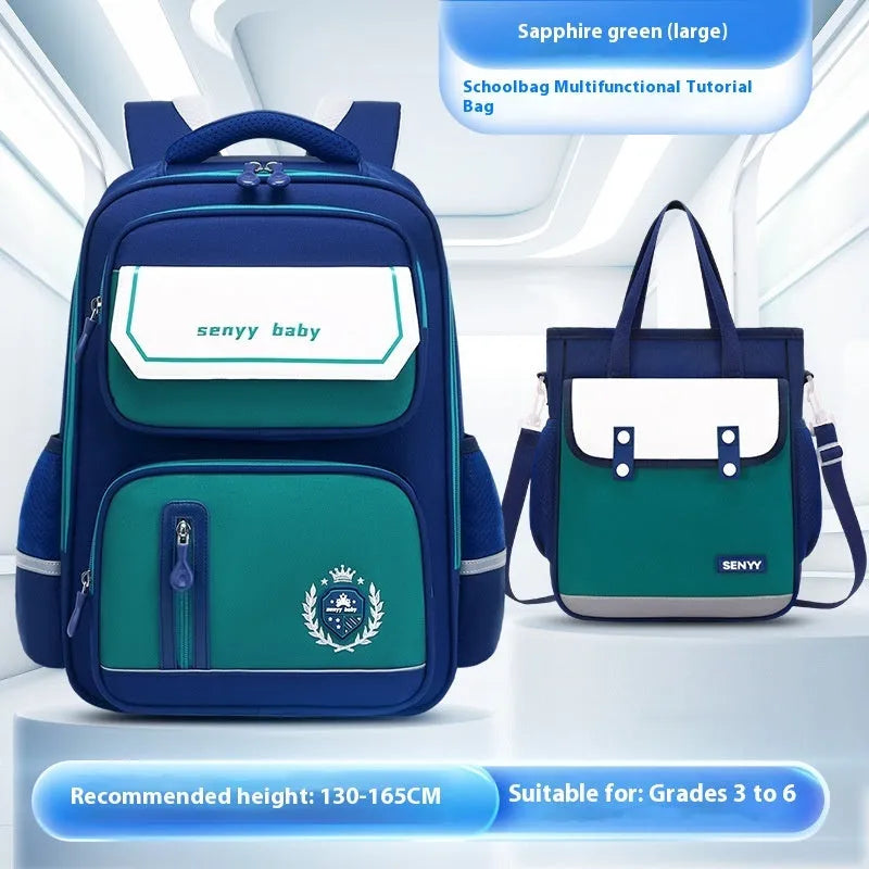 Children's spine protector backpack in blue, made of water-repellent Oxford cloth, size 38x30x15cm