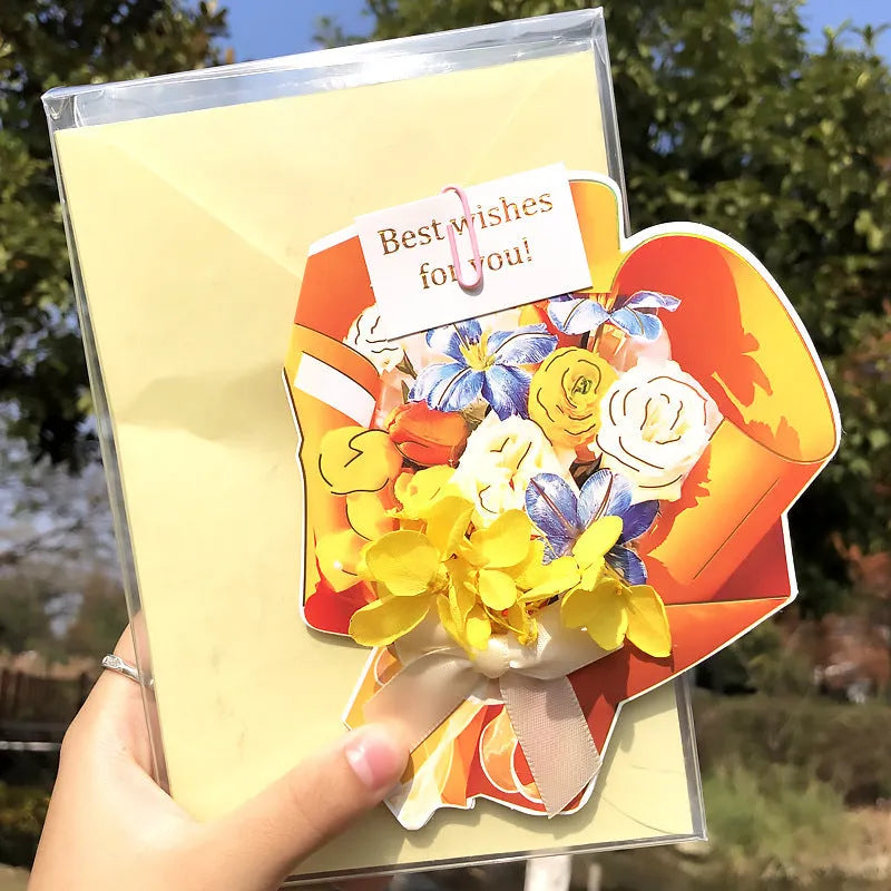 Handmade 3D boxed greeting card with butterfly shape, hot stamping, and artificial flowers on coated paper.