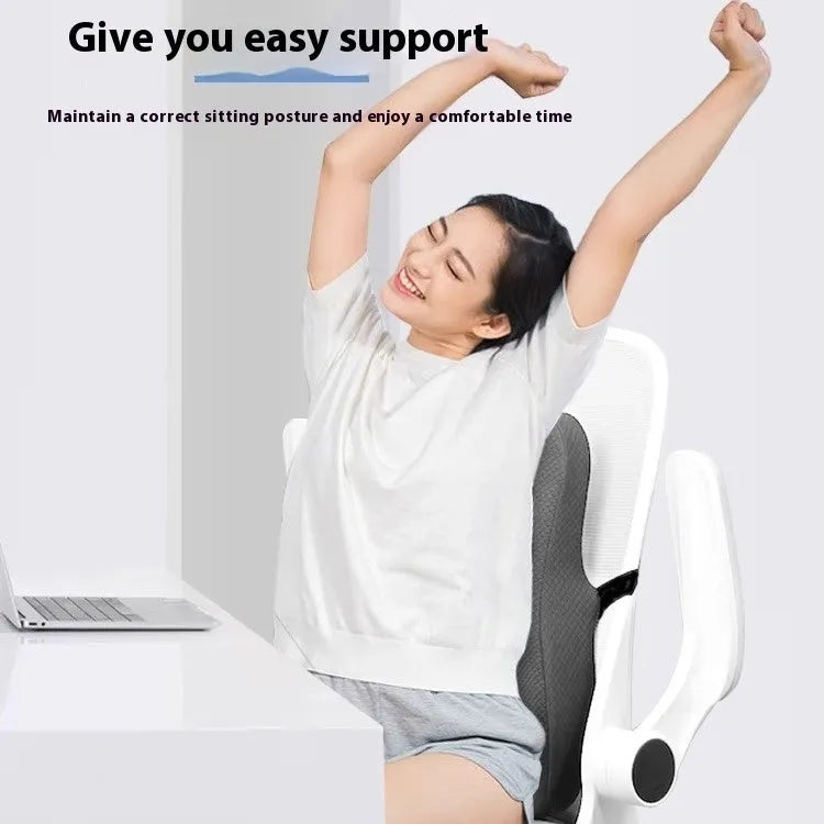 Gray lumbar support cushion for office chair, dimensions 40x40x8cm, shown on a desk chair.