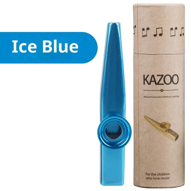 Metal kazoo in Flame Red with paper tube against a white background