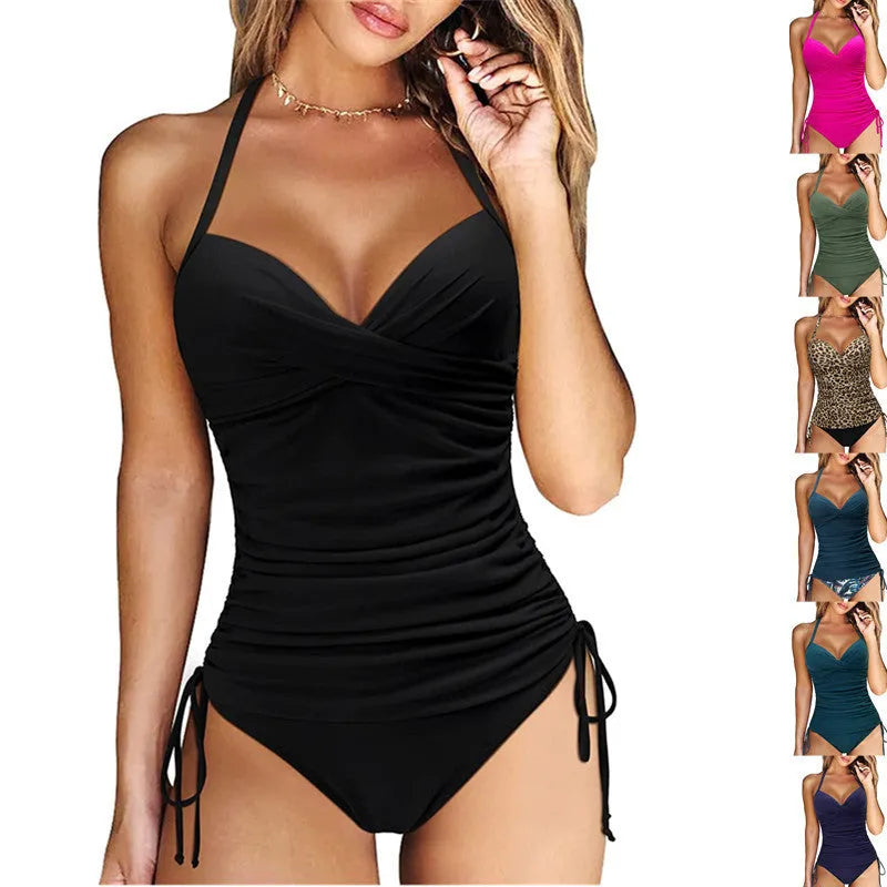 Women's two-piece nylon swimsuit with high-waist briefs in solid colour options