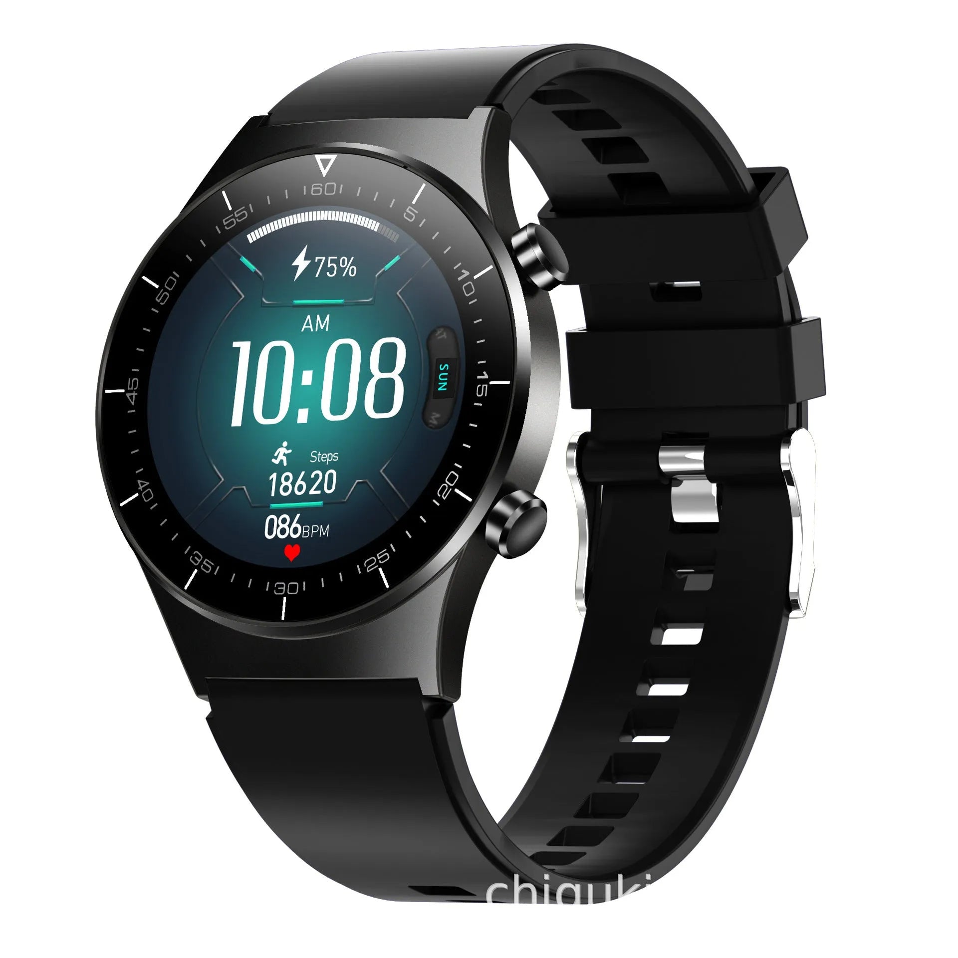 Black smart watch with 1.3-inch glass screen and TPU wrist strap showing health metrics display