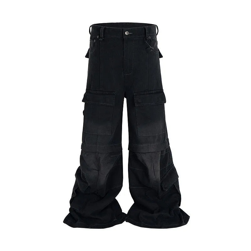 Detachable cotton overalls with multiple pockets in worn looking black or blue denim