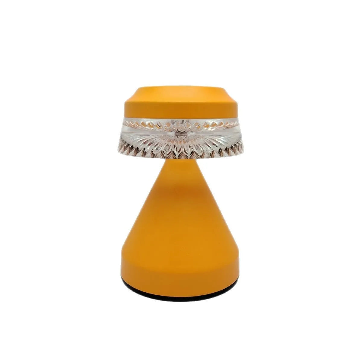 Small modern bedside LED lamp in orange with USB charging cable, showing dimmable light feature.
