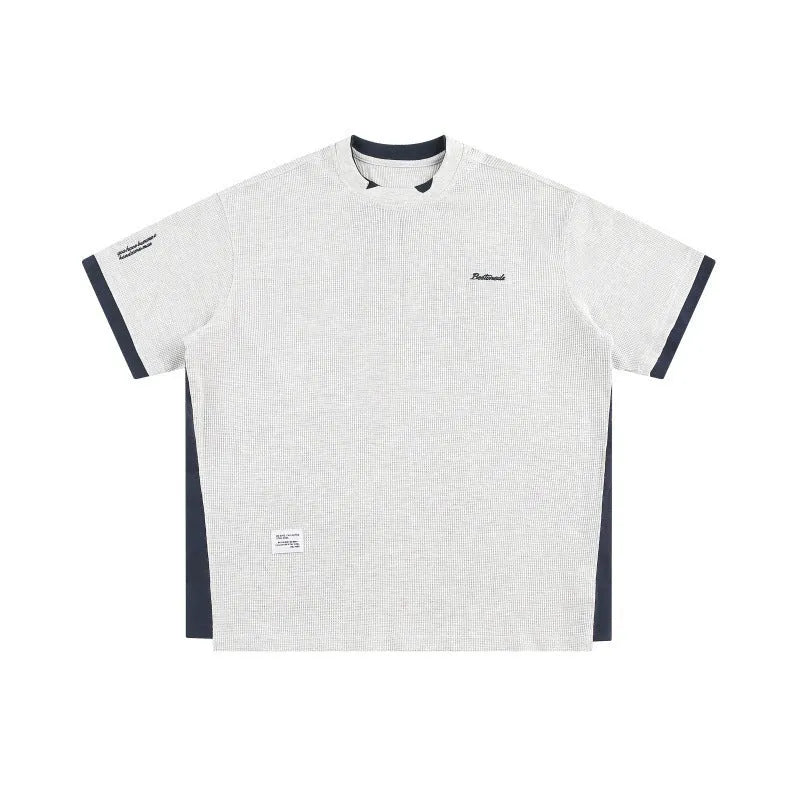 Men's loose fit waffle texture t-shirt with retro alphabet embroidery in navy blue colour