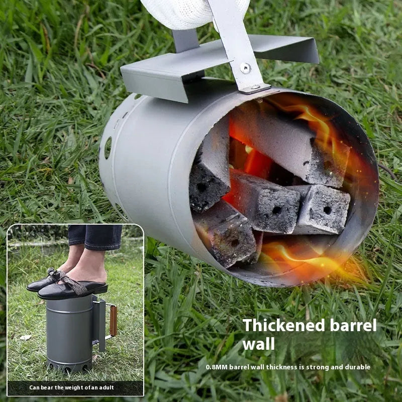Zinc-iron alloy outdoor charcoal fire starter with carbon bucket design and igniter.