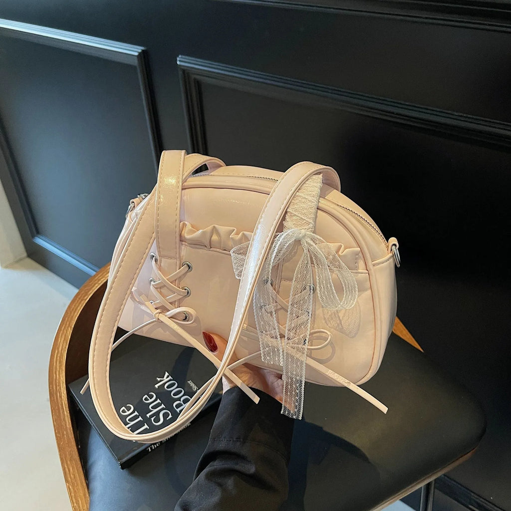 Women's bandage bow PU leather shoulder handbag with mobile phone compartment in beige colour