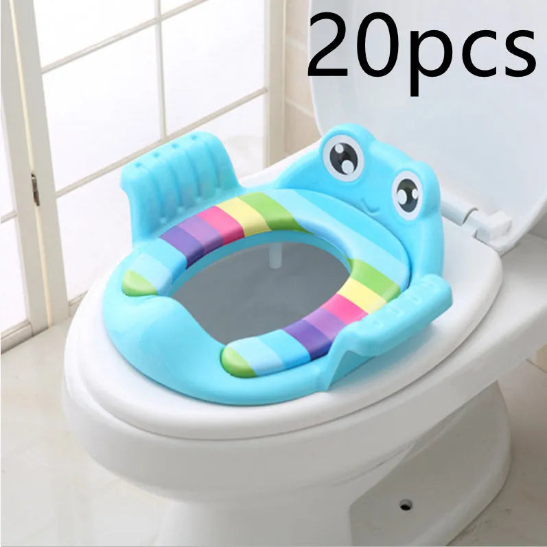 Pink baby toilet seat with adjustable non-slip pads for toddlers aged 1-6 years on a toilet bowl