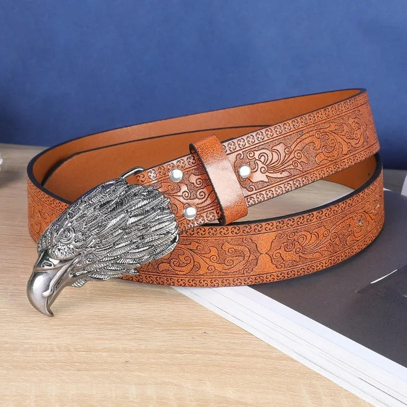 Men's brown imitation leather belt with a detailed electroplated alloy cow head buckle.
