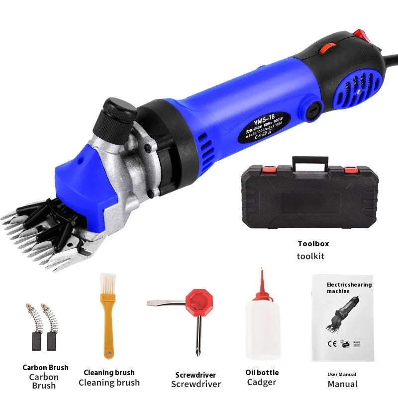 Yellow electric wool shearing machine with 13-tooth blade and multiple knife options for sheep