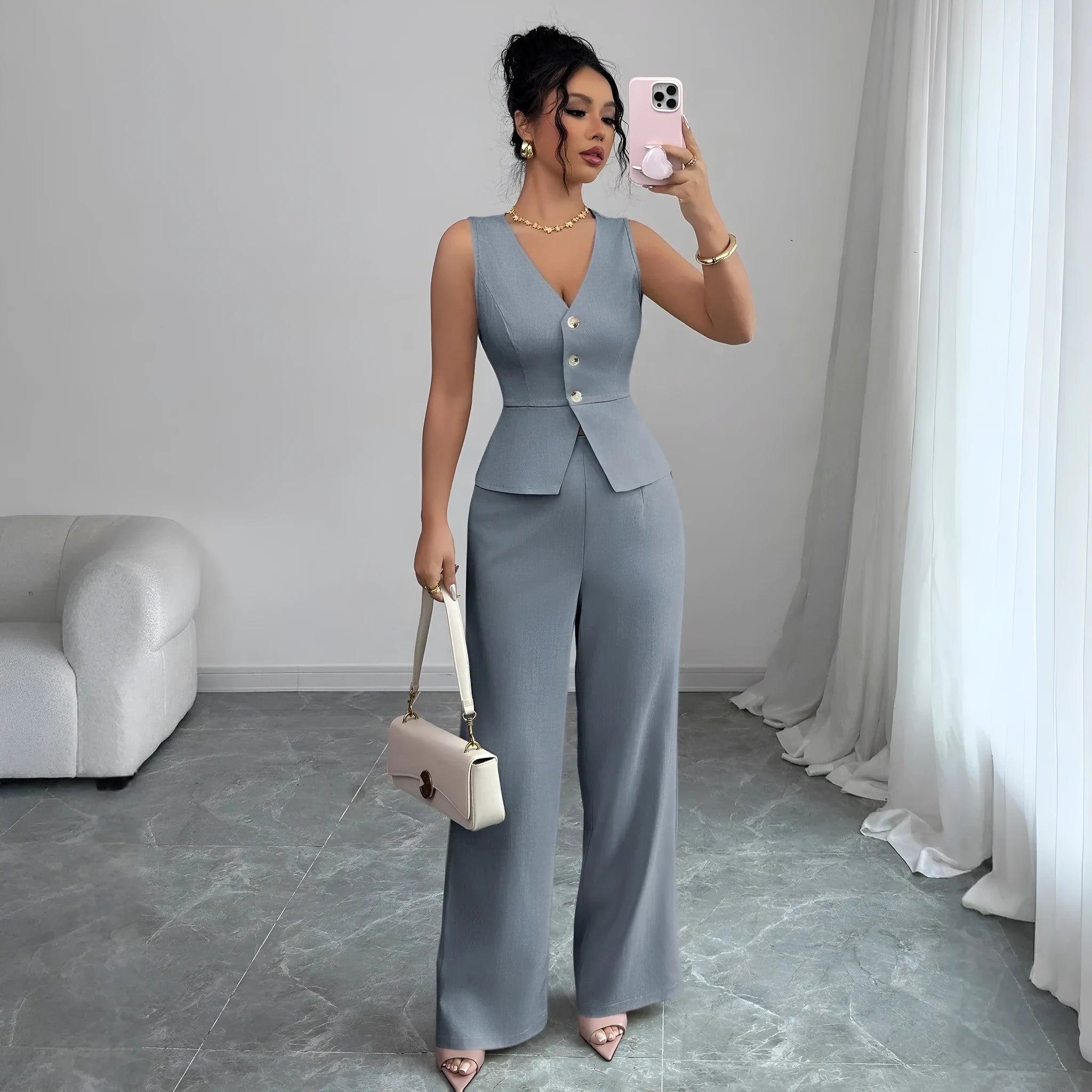 Women's sleeveless vest and high-waist trousers matching set in solid colour casual wear