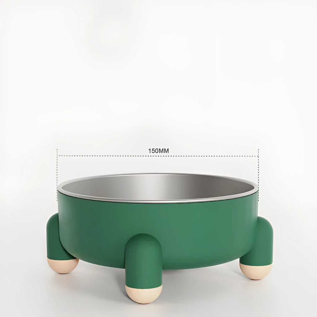 Green high-footed non-slip stainless steel bowl for dogs and cats on a floor.