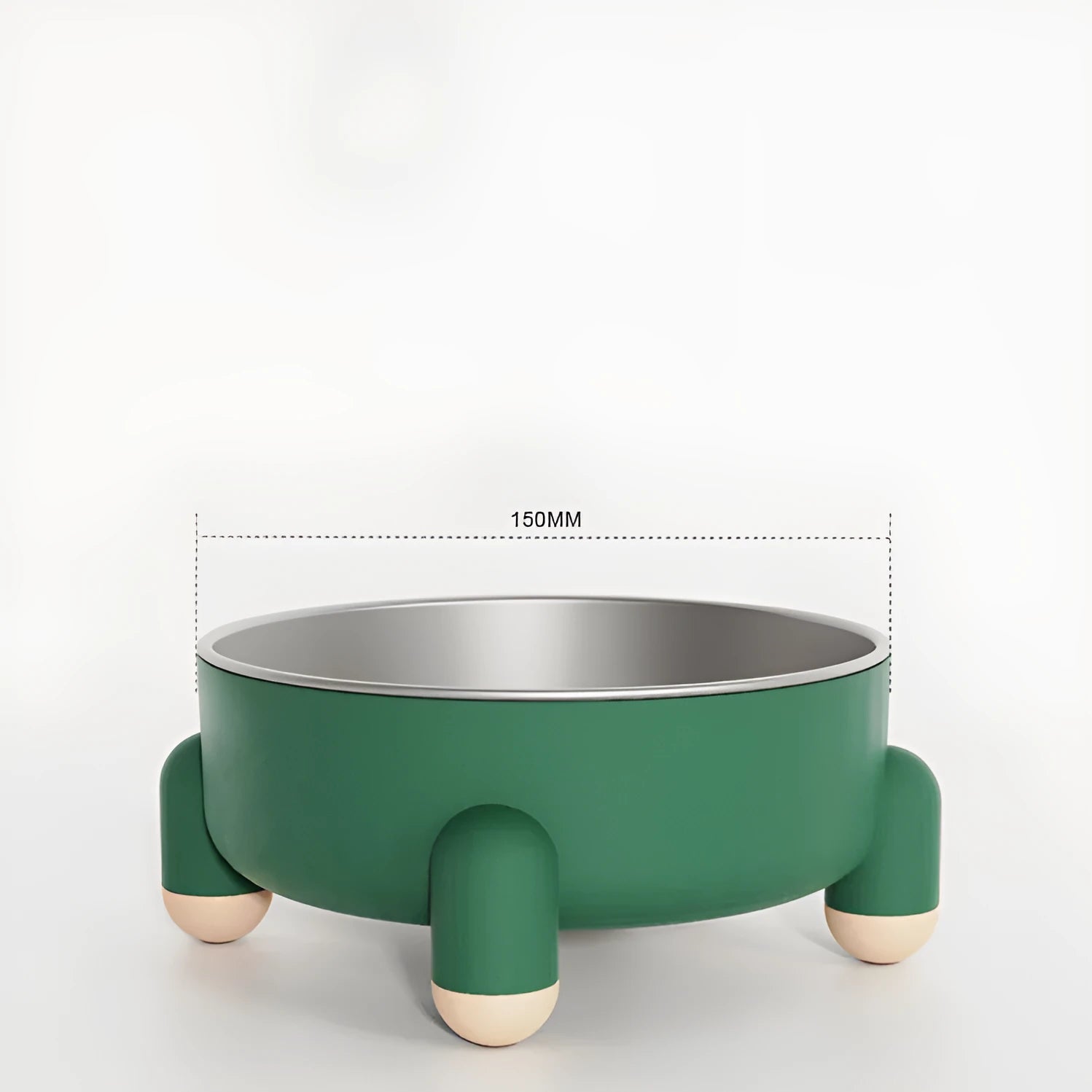 Green high-footed non-slip stainless steel bowl for dogs and cats on a floor.