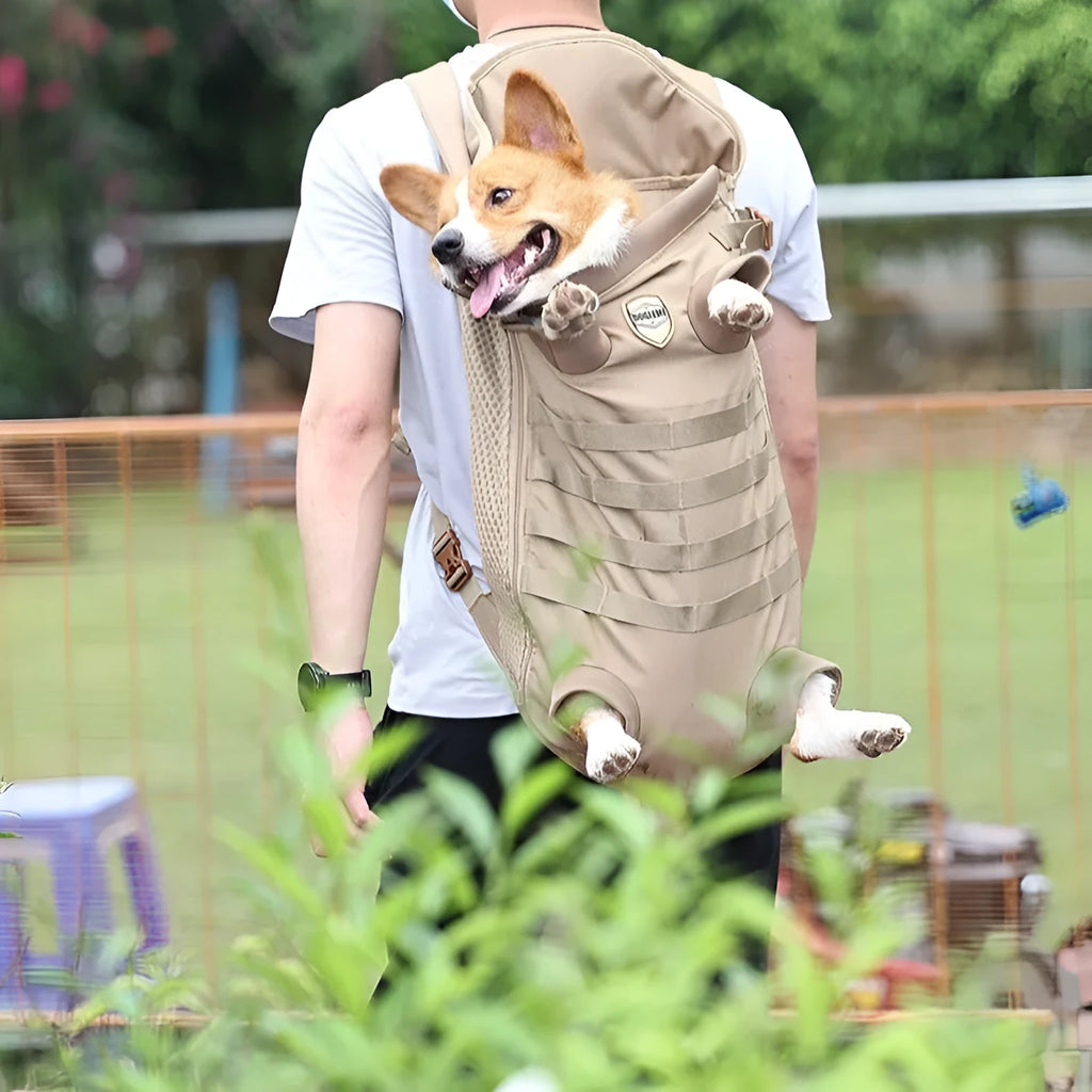 Khaki polyester pet backpack for medium dogs, available in M and L sizes
