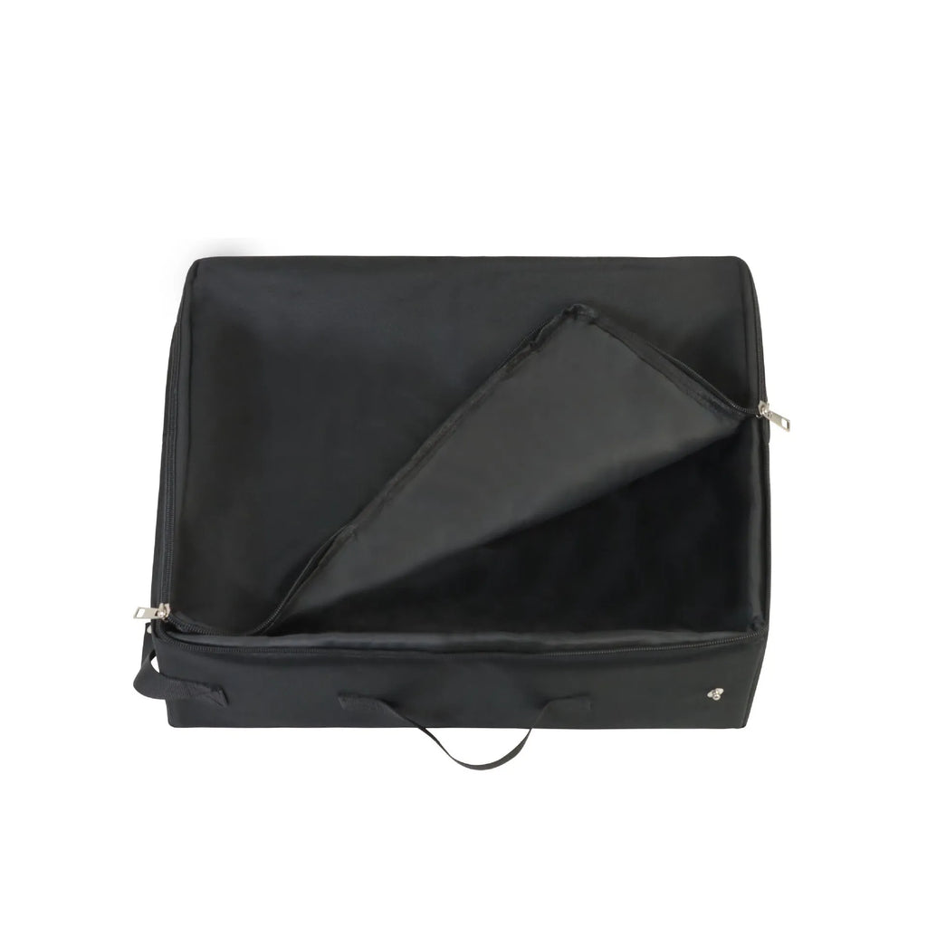 Black 600D Oxford cloth folding cat litter box open on floor showing 40x30x15cm size
