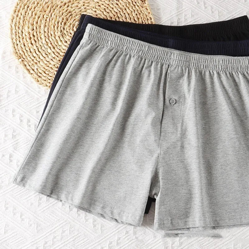 Men's pure cotton boxer underwear in light grey colour showing high waist and loose shorts design