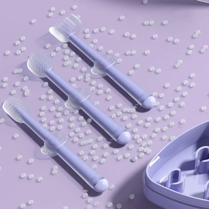 Pet toothbrush with dual silicone bristle heads in purple colour for dog and cat teeth cleaning