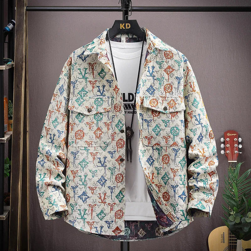 Casual lapel shirt coat with straight hem in polyester fabric, showing front view