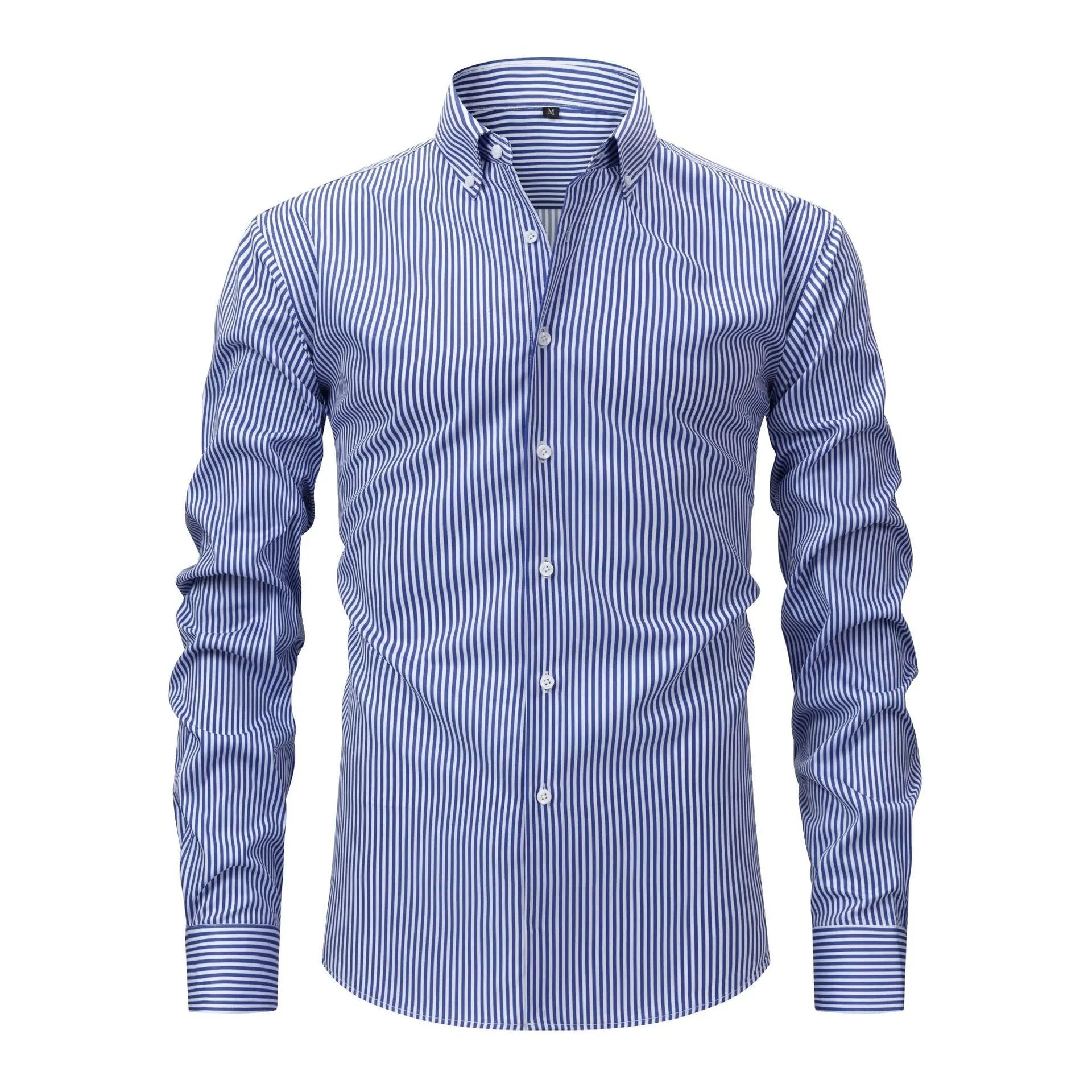 Men's striped business casual shirt with lapel collar and long sleeves in anti-wrinkle fabric