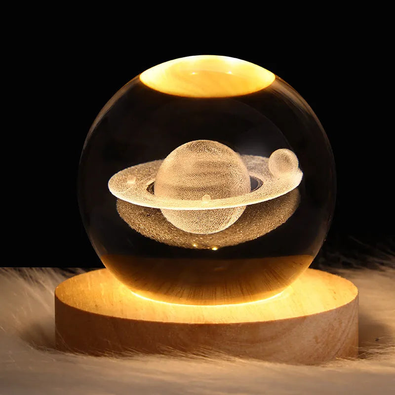 3D crystal ball night lamp with starry sky planets and moon projection on wooden base