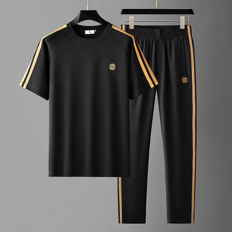 Men's blue ice silk style short sleeve suit with pants, showing ironing-free sportswear set.