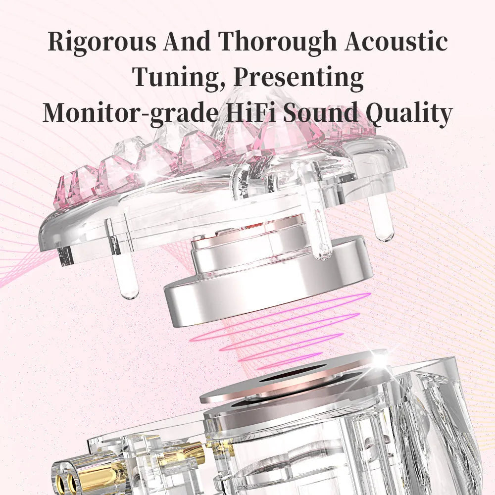 Girls' diamond-embedded HiFi ear loop 3.5mm wired earphones in pink with rear-wound cable and microphone