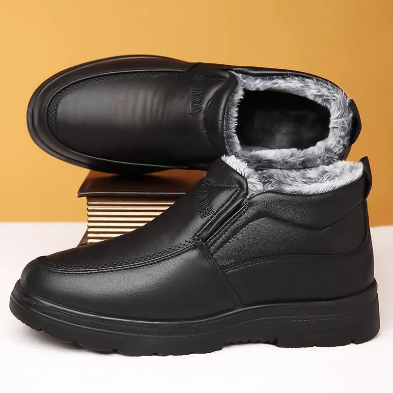 Men's black and brown winter slip-on shoes with a fleece lining and rubber sole.