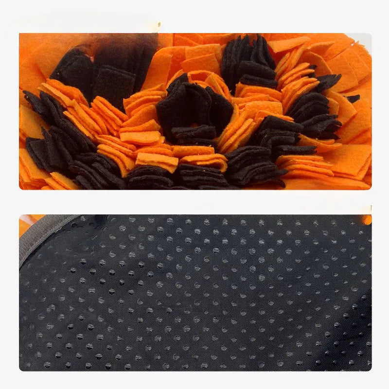 Orange pumpkin-shaped dog sniffing mat with furry fabric texture for slow feeding