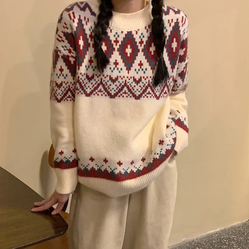 Striped retro style pullover knitted top with long sleeves in red colour