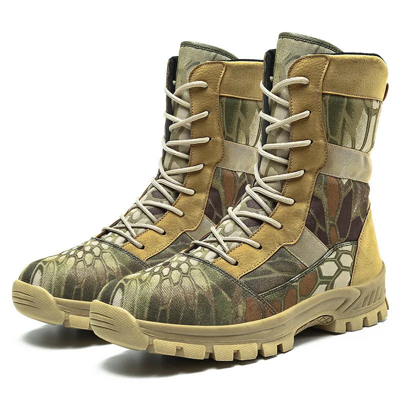 Plus size men's black and camouflage Martin boots with mesh upper and totem detailing