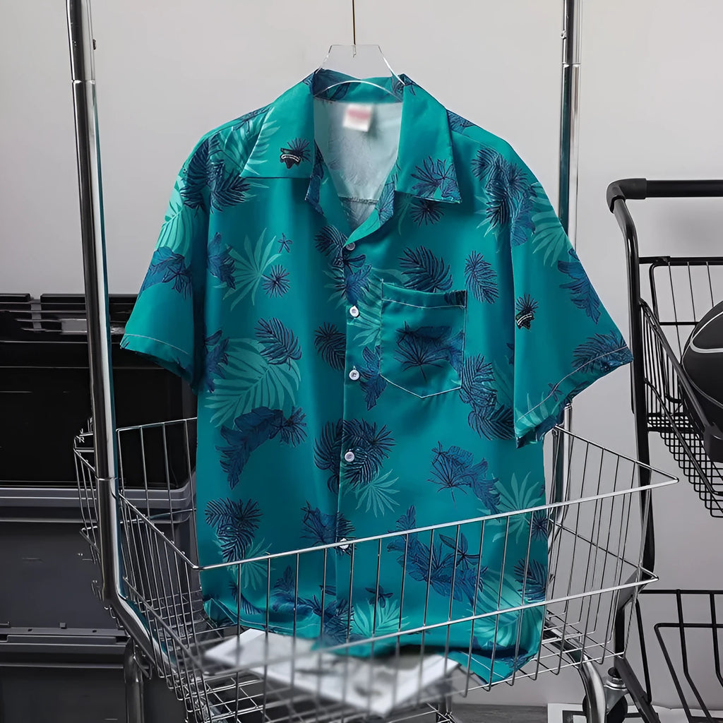 Green summer thin printed shirt for men, loose cardigan style, short sleeves, polyester blend