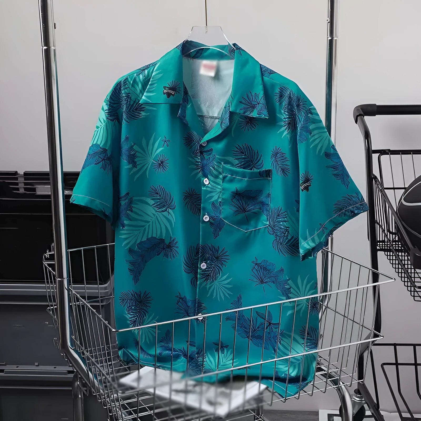 Green summer thin printed shirt for men, loose cardigan style, short sleeves, polyester blend