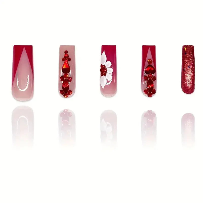 Flower pattern fake nails with red transparent diamond accents in European square long shape