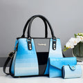 Women's three-piece shoulder bag set with crocodile stitch pattern in PU leather showing main bag and two smaller pouches