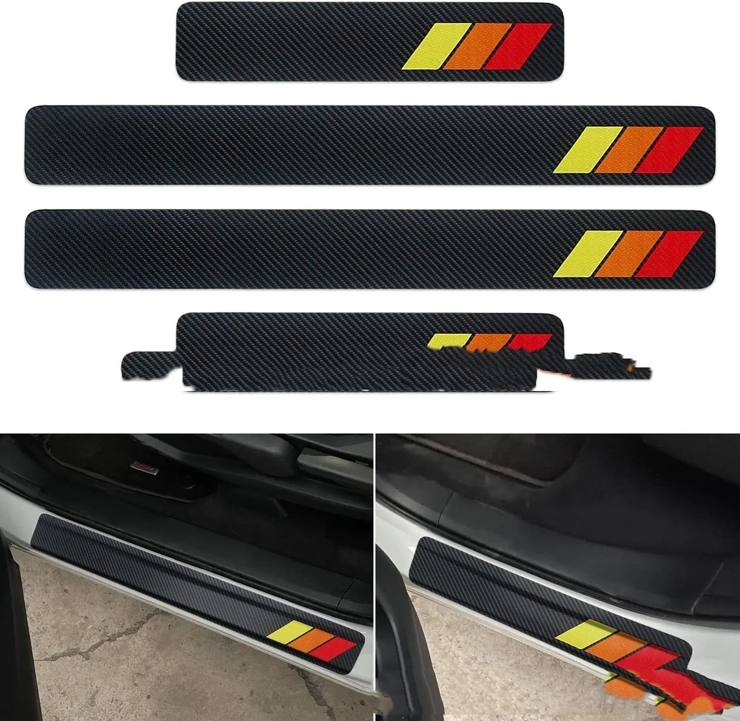 Set of 4 car leather threshold bars in black three-colour design for universal fit
