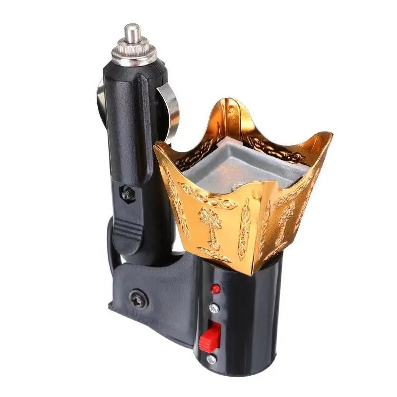 Classical style iron incense burner with electroplated finish and 12V car adapter.