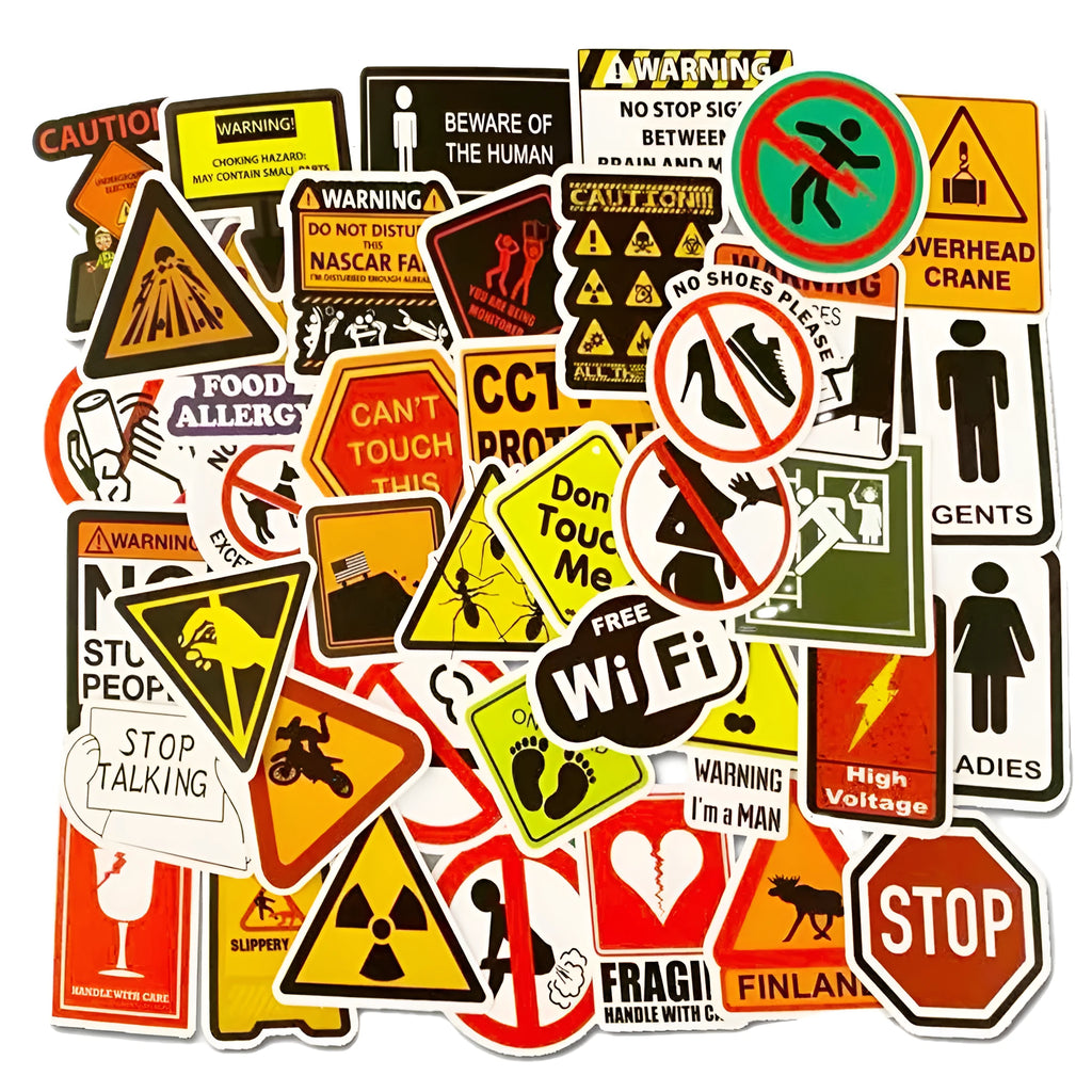 Warning sign stickers 3-6cm self-adhesive 50 pack strong adhesion warning series cartoon stickers