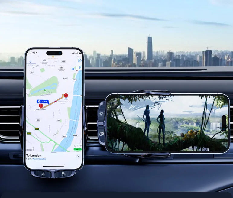 Wireless super fast charge car charger with smart bracket and air outlet clip in gun colour for V6 model