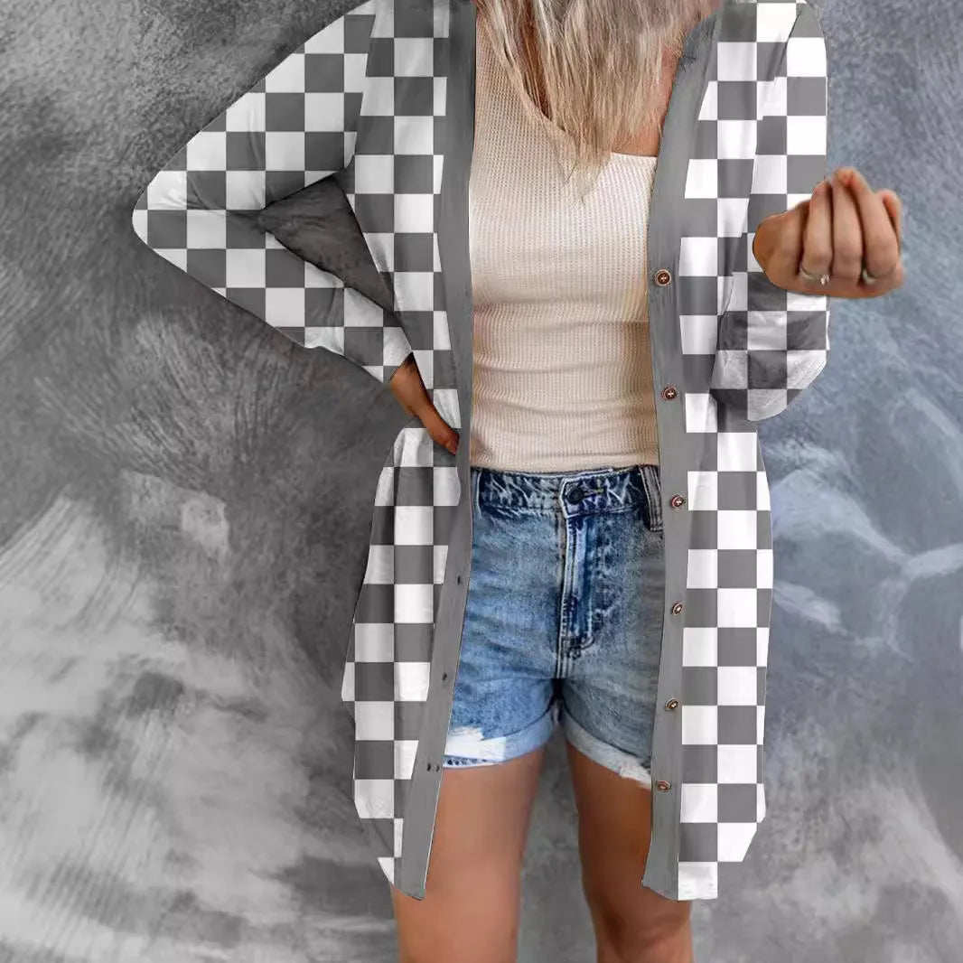 Women's long plaid knitted cardigan coat in polyester available in multiple colours and sizes