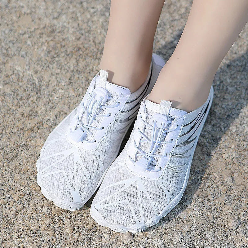 Men's and women's breathable low-top sports running shoes in various colours on a plain background