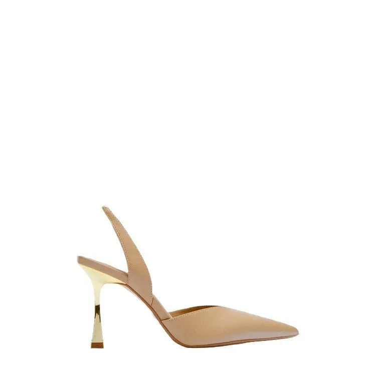 Apricot nude patent leather pointed high heels with shallow mouth design from front view