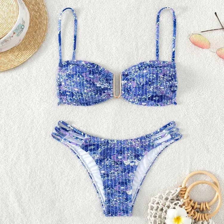 Women's floral bikini swimsuit with high-waist design in blue colour