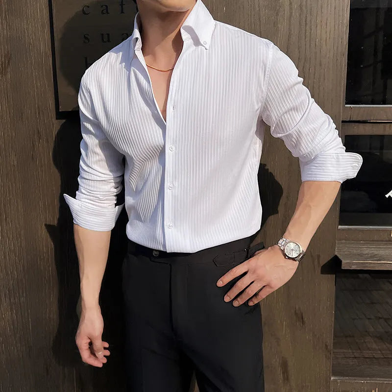 Men's dark stripes V-neck long sleeve casual shirt in polyester blend fabric