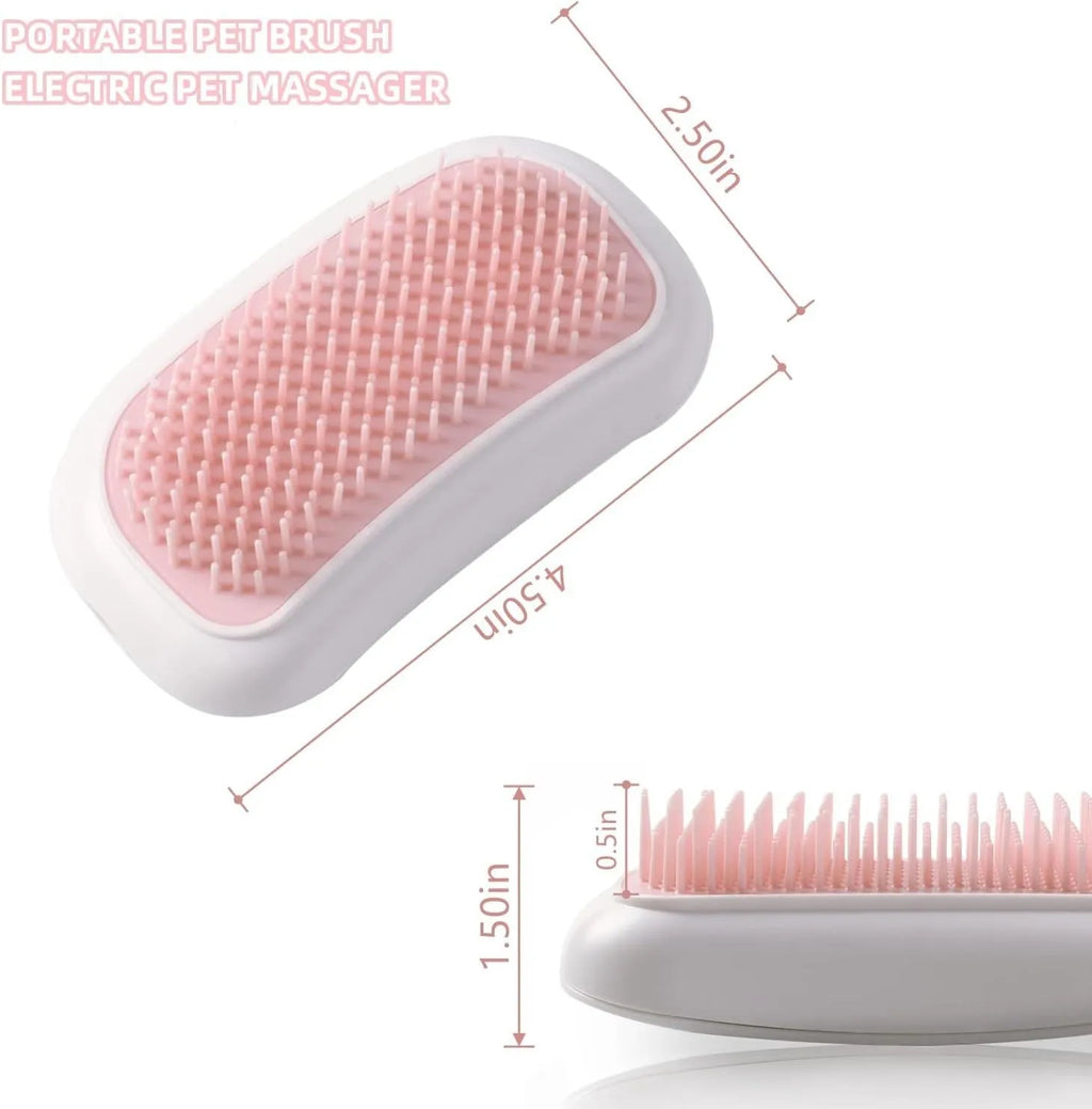 Pink handheld electric pet massage brush with soft TPE teeth on a white background.
