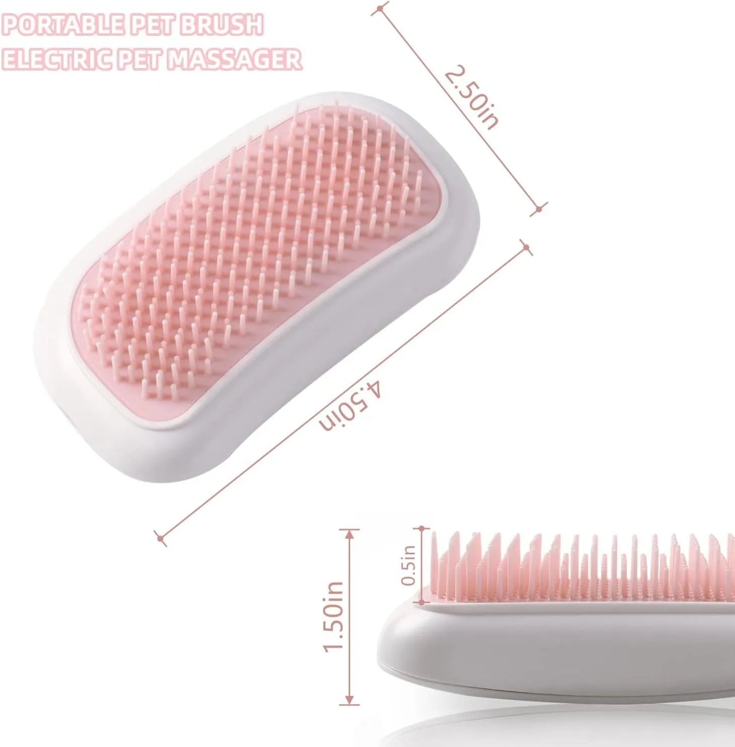 Pink handheld electric pet massage brush with soft TPE teeth on a white background.