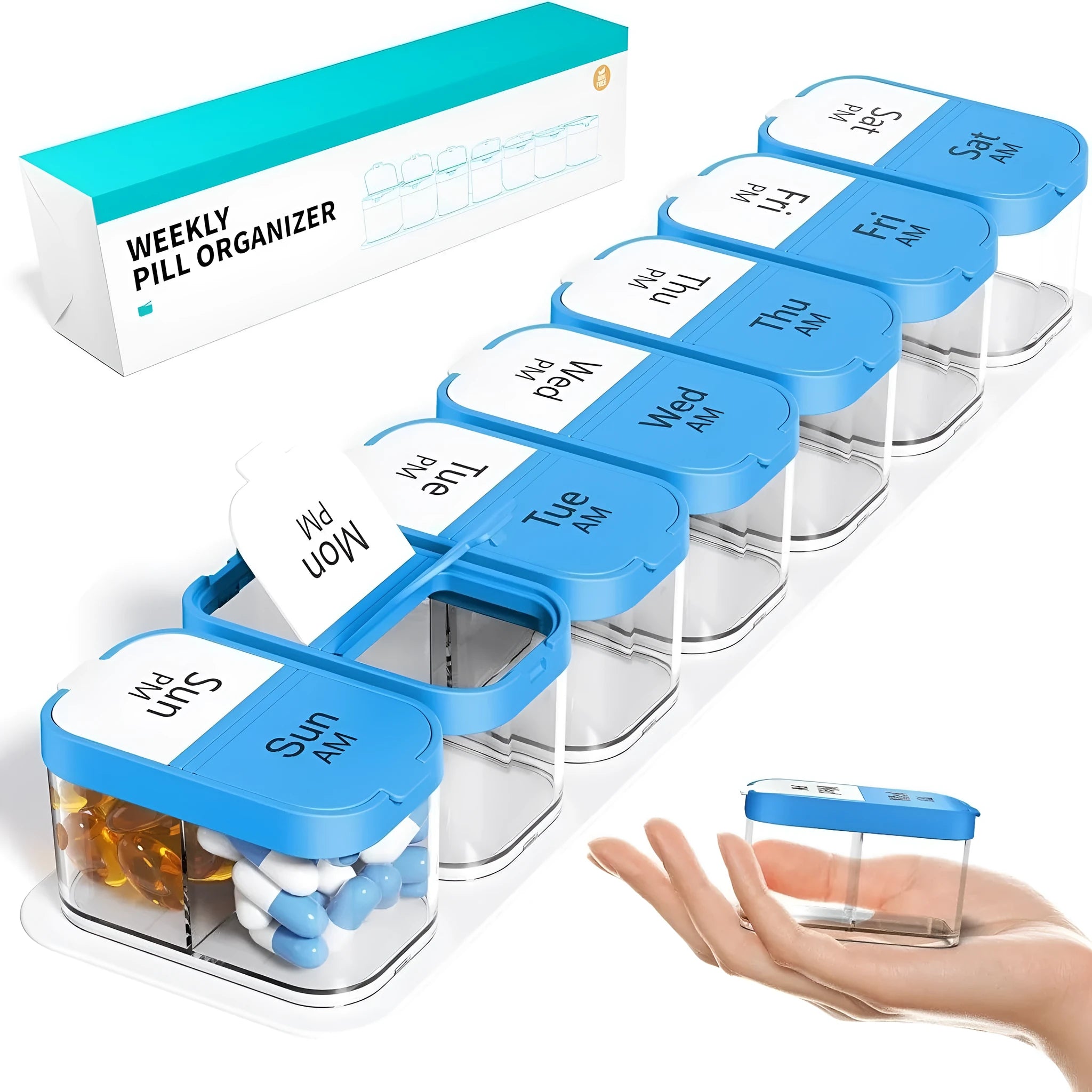 Portable 14-compartment pill box organiser with removable daily dose compartments in rainbow colour