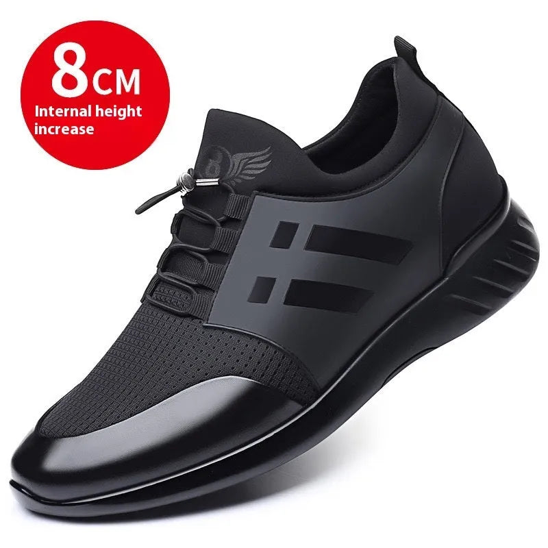 Men's black casual height increasing shoes with chunky heel and round toe in leather, mesh, or Lycra.