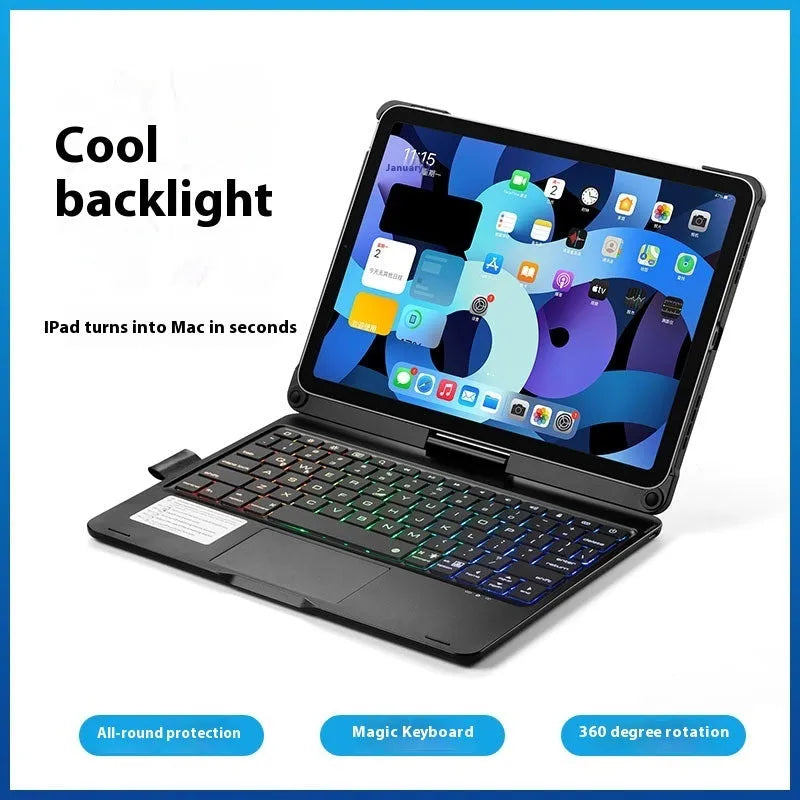 Miaocontrol 360-degree rotating Bluetooth keyboard with touchpad in silver next to an iPad.